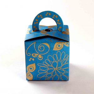 Square Wedding Party Favor Box in Firoze Blue with a Holder