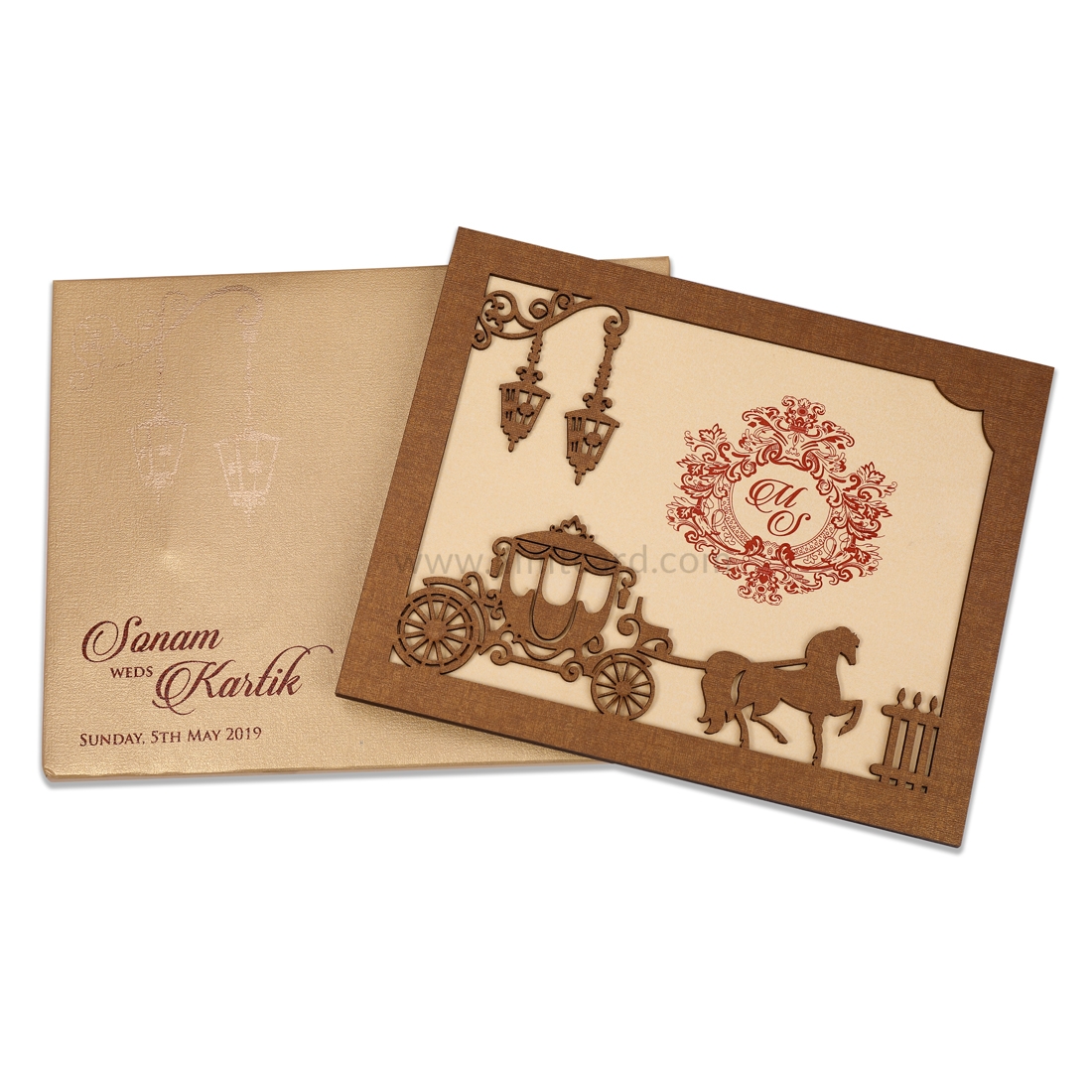Chariot Design Wooden Laser Cut Marriage Invitation Card Usable as Photo Frame-10398