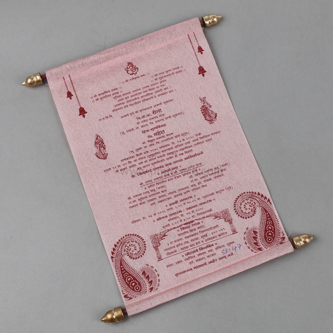 Rolling Style Wedding Invitation Card in Pink Wooly Paper-9166