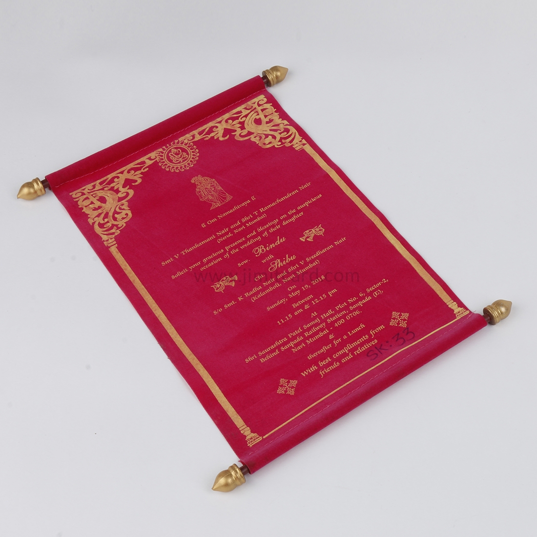 Shaadi Scroll Marriage Invitation Card in Pink Velvet-9118