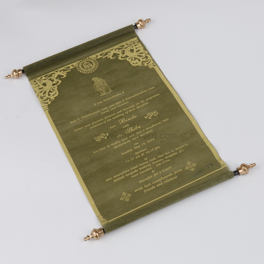 Scroll Wedding Invitation Card in Green Wooly Paper-9046