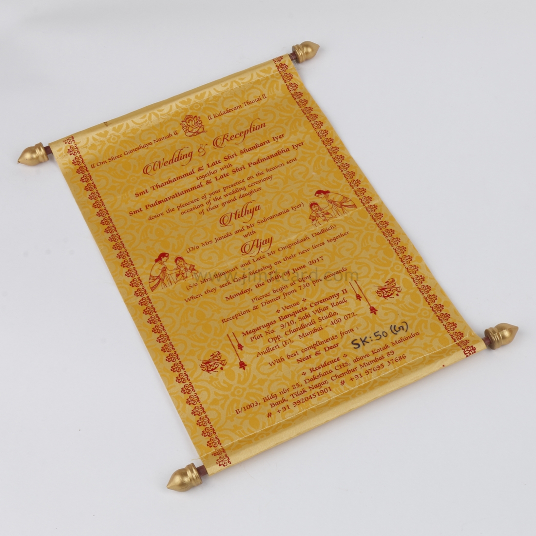 Design for Marriage Card Scroll Style in Golden Satin-9192
