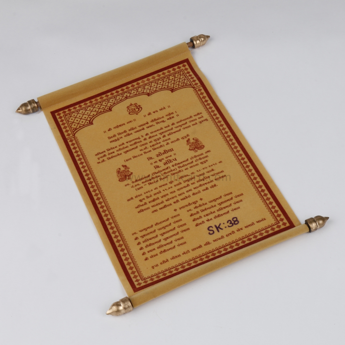 Traditional Scroll Indian Wedding Invitation Card in Golden Velvet-9142
