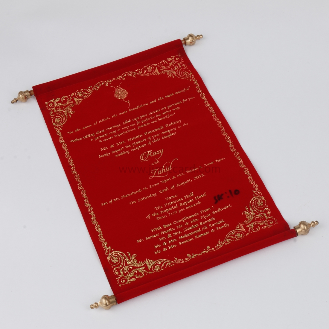 Elegant scroll wedding invitations in Red Velvet-9011