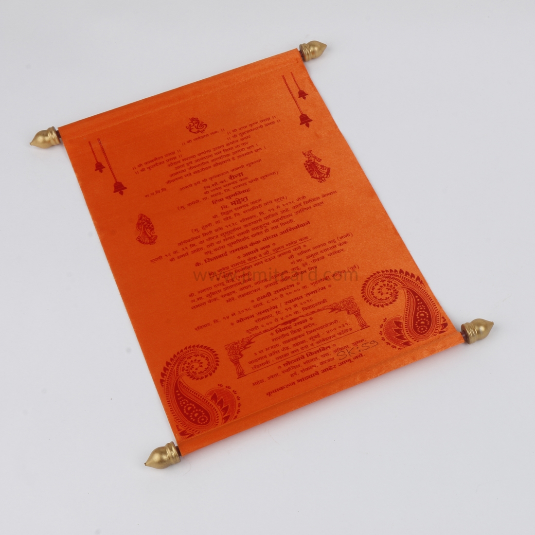 Scroll Wedding Invitation Card in Orange Satin-9244