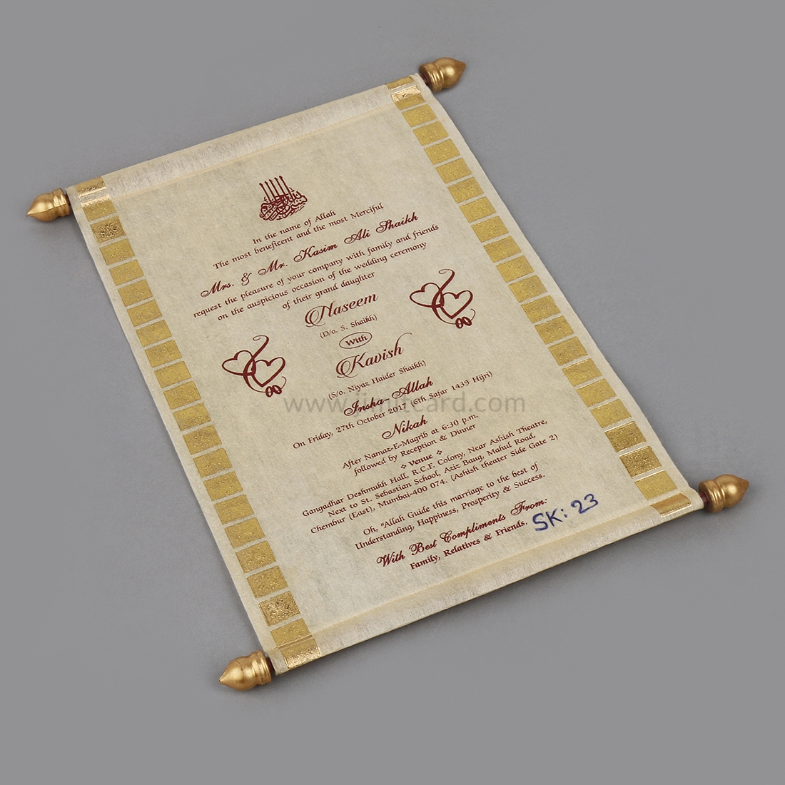 Designer Scroll Wedding Invitation in Golden Wooly Paper-9079