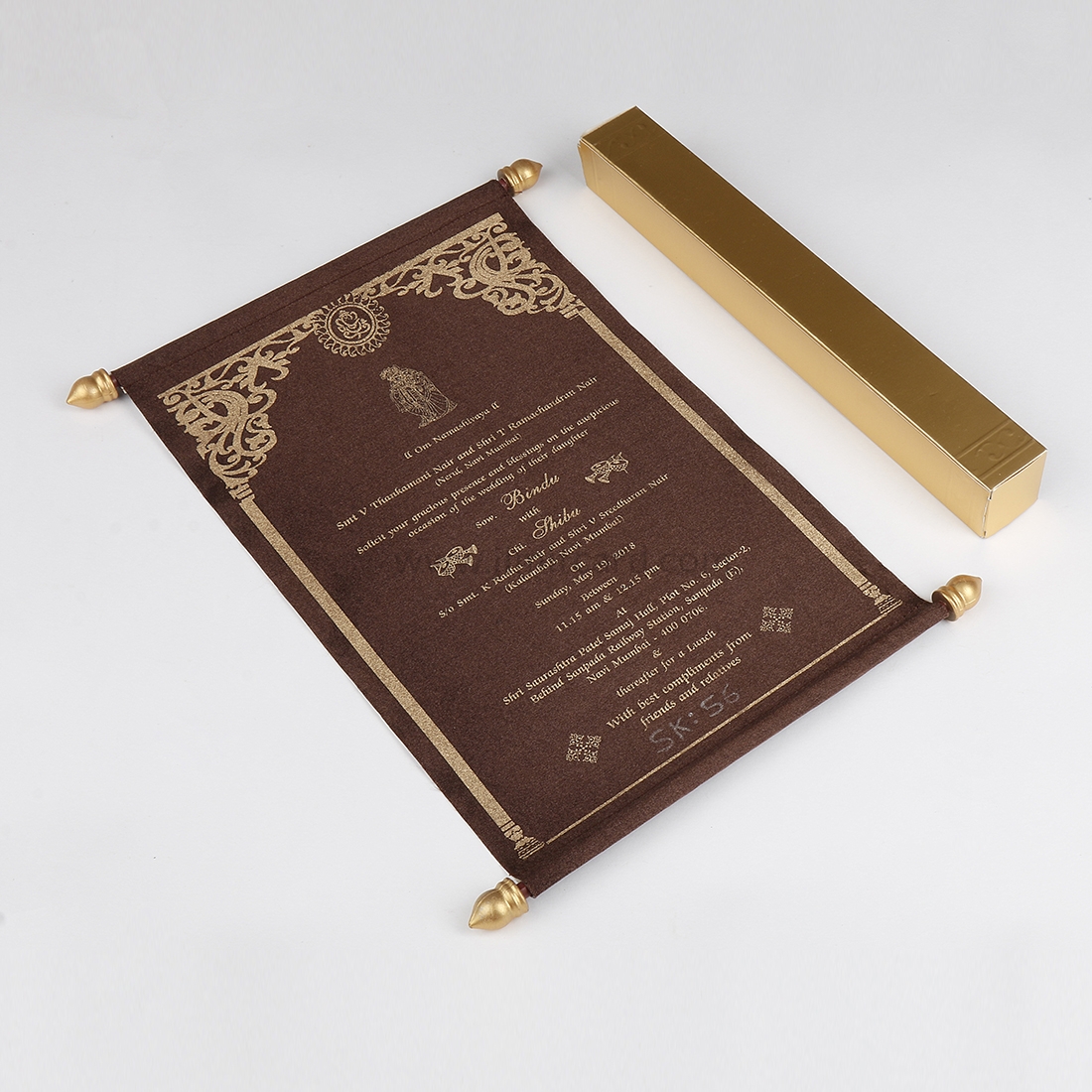 Traditional Indian Scroll Wedding Invitations in Brown Satin-0