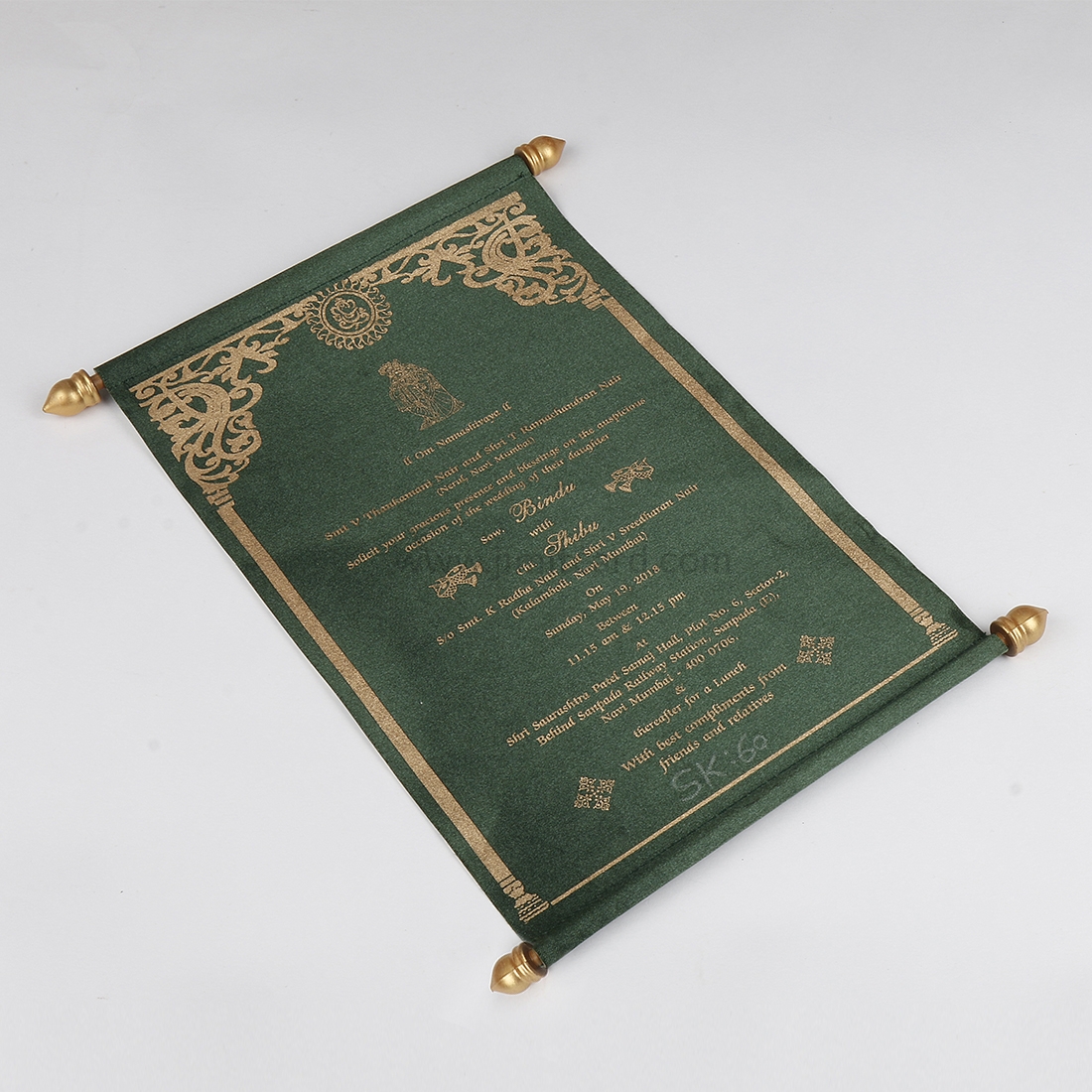 Vintage Scroll Invitation Card in Green Satin-9251