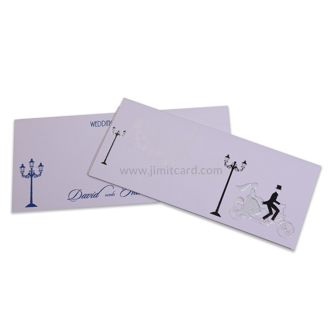 Ivory and White Shaded Wedding Card With Bride and Groom Riding Cycle-0
