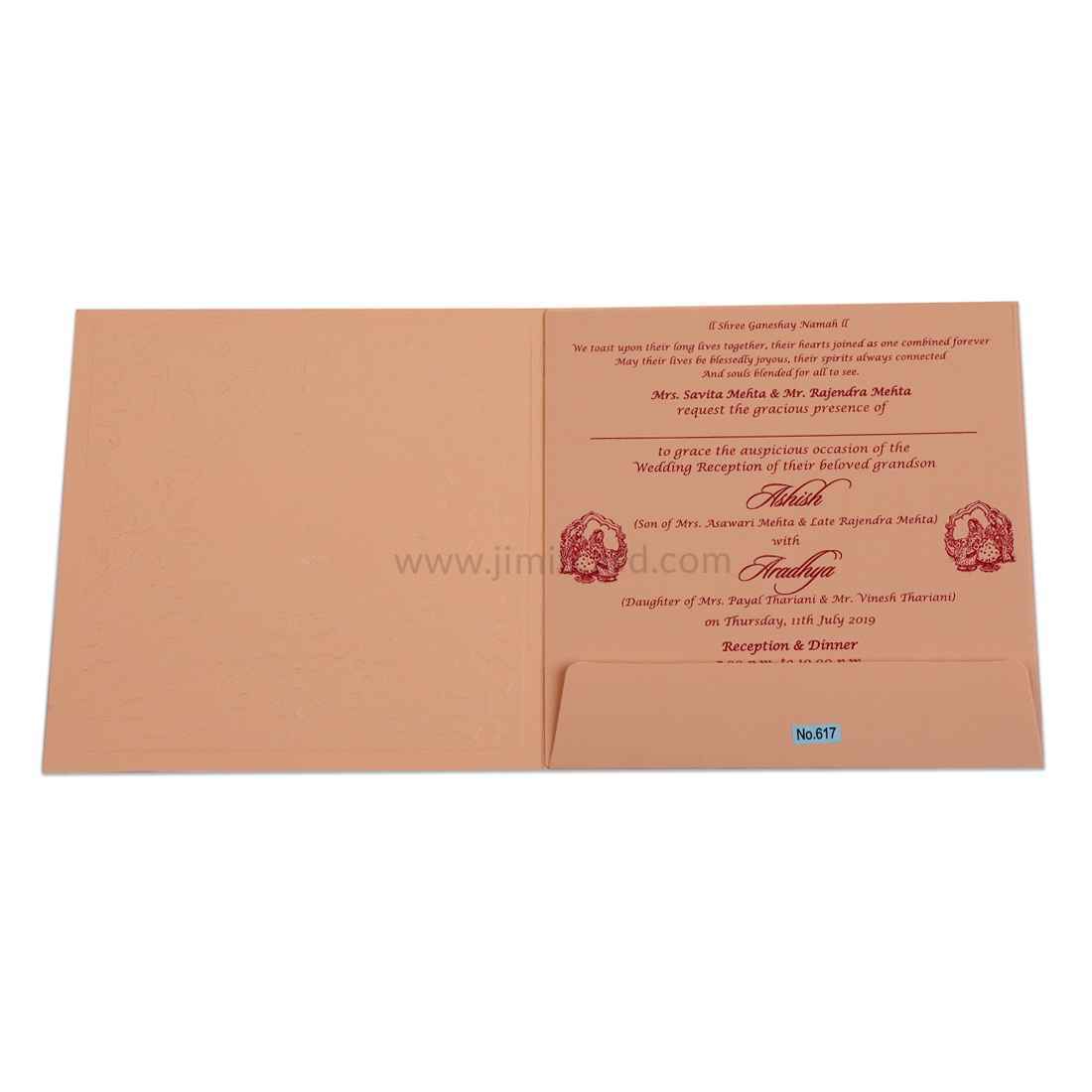 Peach Wedding Invitation Card with Shinny Peach Floral Embedded Designs-12961
