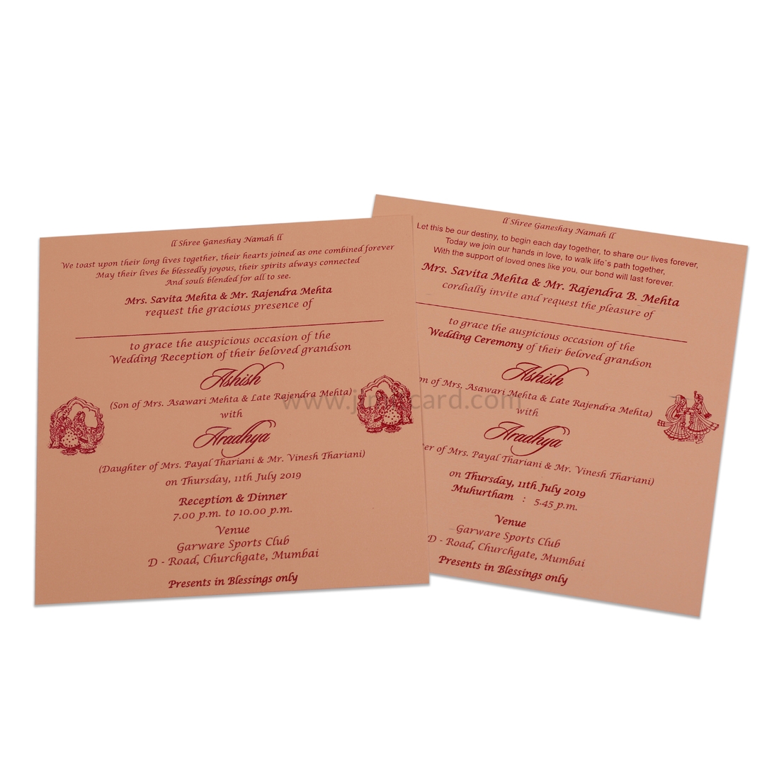 Peach Wedding Invitation Card with Shinny Peach Floral Embedded Designs-12962