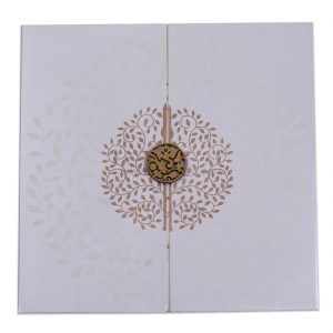 Silver Door Open Style Wedding Invitation Card With Embedded Design of Leaves in Circle-13022