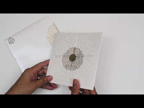 Silver Door Open Style Wedding Invitation Card With Embedded Design of Leaves in Circle-13019